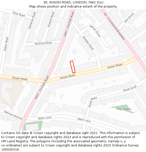 36, ANSON ROAD, LONDON, NW2 3UU: Location map and indicative extent of plot