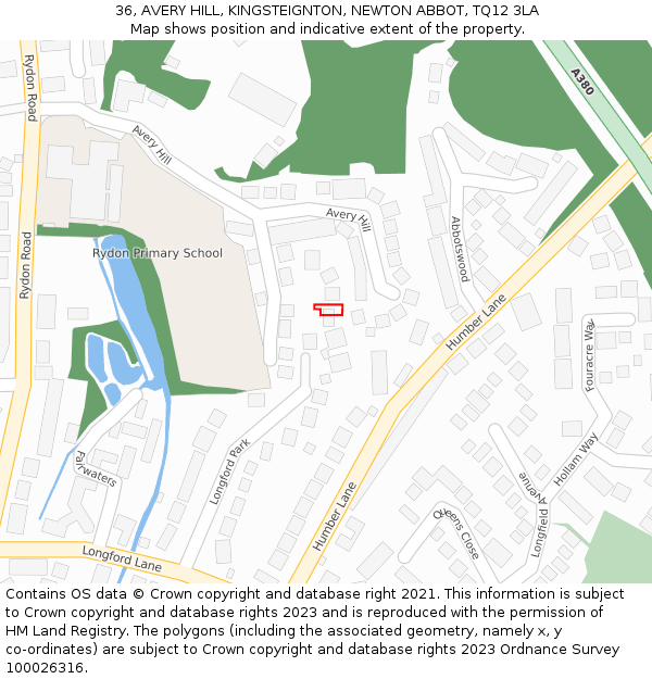 36, AVERY HILL, KINGSTEIGNTON, NEWTON ABBOT, TQ12 3LA: Location map and indicative extent of plot