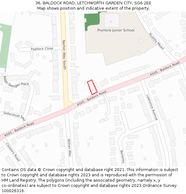 36, BALDOCK ROAD, LETCHWORTH GARDEN CITY, SG6 2EE: Location map and indicative extent of plot