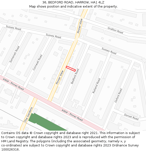 36, BEDFORD ROAD, HARROW, HA1 4LZ: Location map and indicative extent of plot
