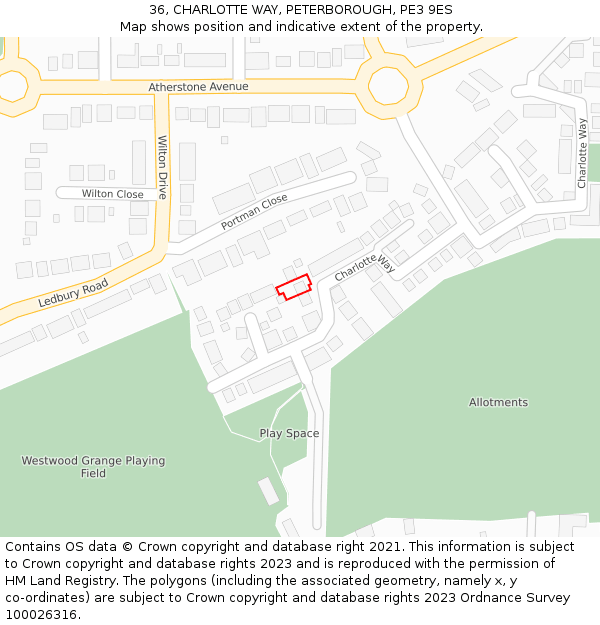 36, CHARLOTTE WAY, PETERBOROUGH, PE3 9ES: Location map and indicative extent of plot
