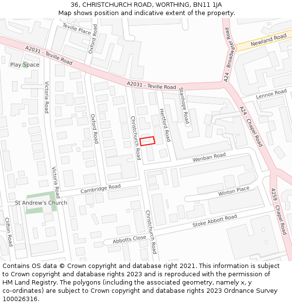 36, CHRISTCHURCH ROAD, WORTHING, BN11 1JA: Location map and indicative extent of plot