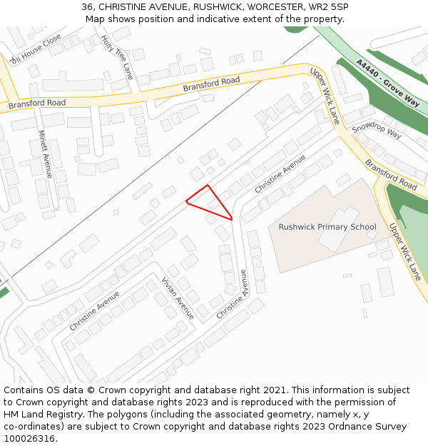36, CHRISTINE AVENUE, RUSHWICK, WORCESTER, WR2 5SP: Location map and indicative extent of plot