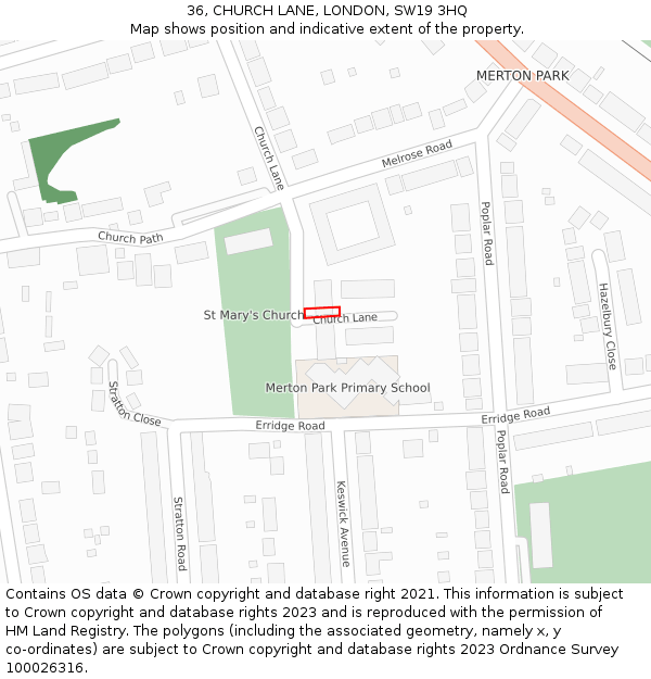 36, CHURCH LANE, LONDON, SW19 3HQ: Location map and indicative extent of plot
