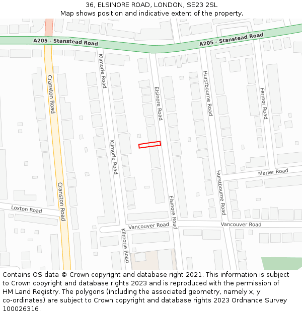 36, ELSINORE ROAD, LONDON, SE23 2SL: Location map and indicative extent of plot