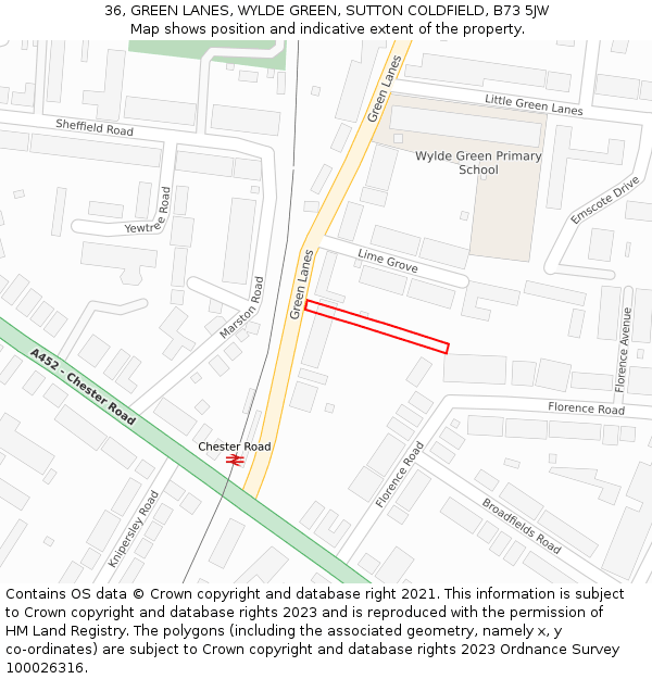 36, GREEN LANES, WYLDE GREEN, SUTTON COLDFIELD, B73 5JW: Location map and indicative extent of plot