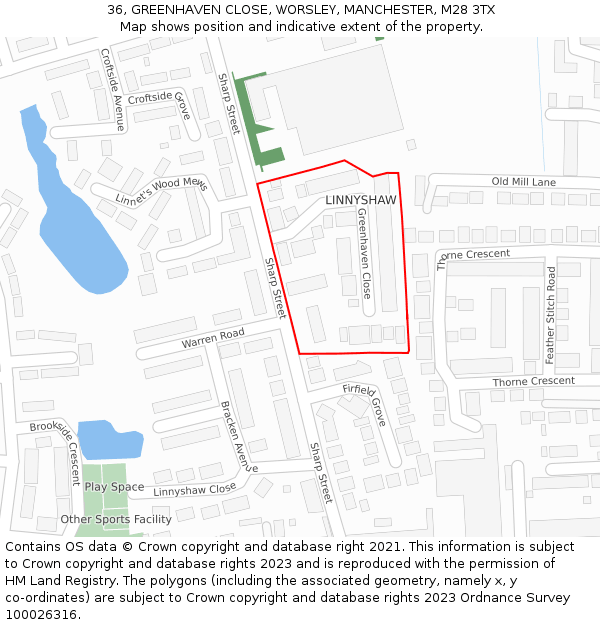 36, GREENHAVEN CLOSE, WORSLEY, MANCHESTER, M28 3TX: Location map and indicative extent of plot