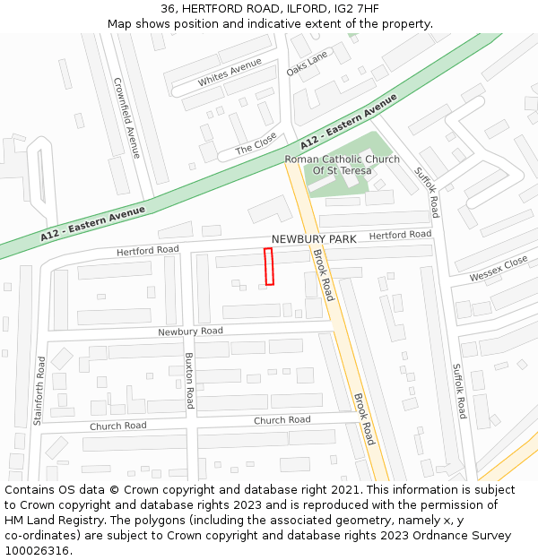 36, HERTFORD ROAD, ILFORD, IG2 7HF: Location map and indicative extent of plot