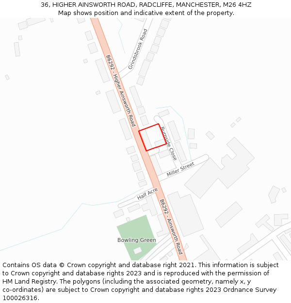 36, HIGHER AINSWORTH ROAD, RADCLIFFE, MANCHESTER, M26 4HZ: Location map and indicative extent of plot