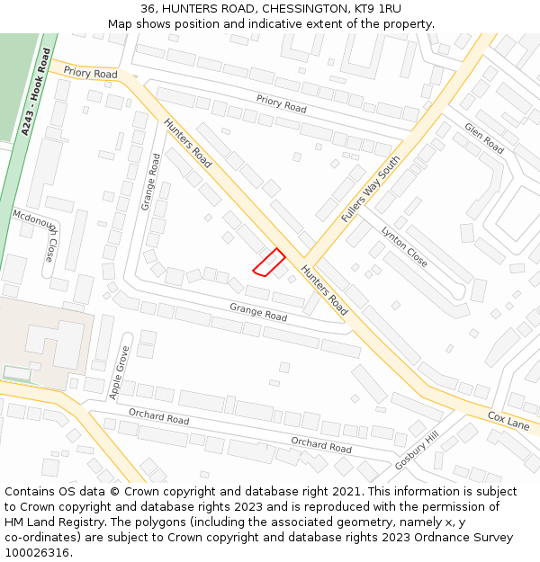 36, HUNTERS ROAD, CHESSINGTON, KT9 1RU: Location map and indicative extent of plot