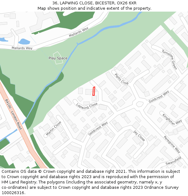 36, LAPWING CLOSE, BICESTER, OX26 6XR: Location map and indicative extent of plot