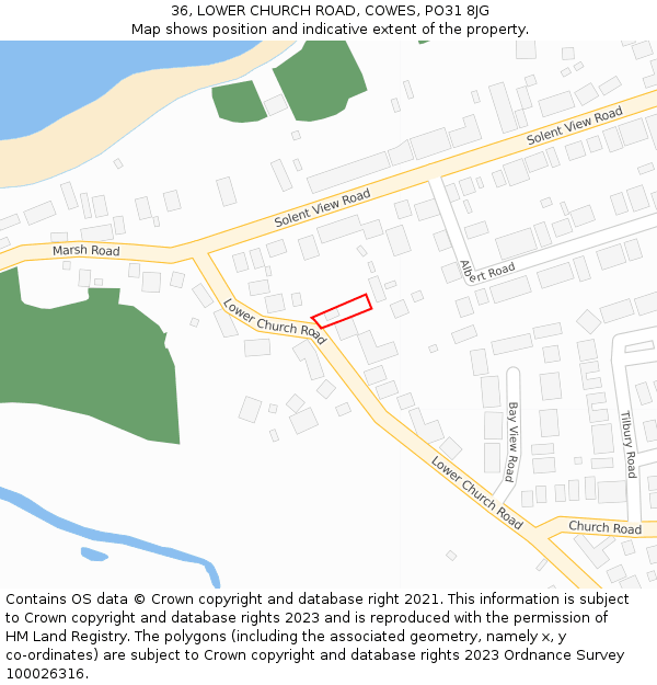 36, LOWER CHURCH ROAD, COWES, PO31 8JG: Location map and indicative extent of plot