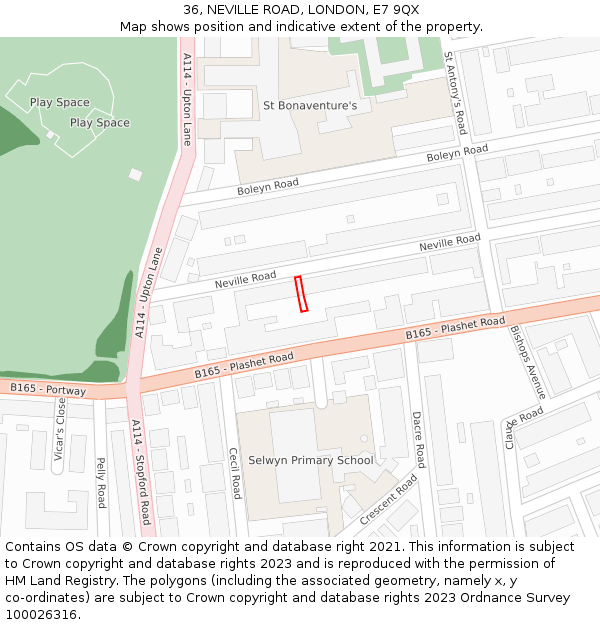 36, NEVILLE ROAD, LONDON, E7 9QX: Location map and indicative extent of plot