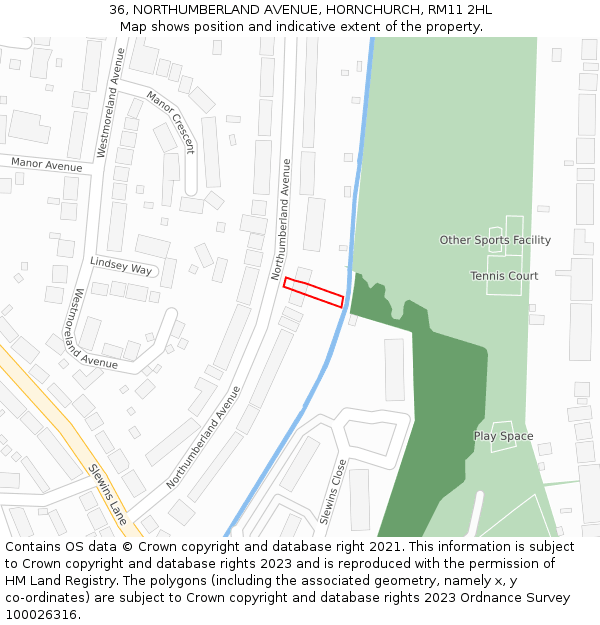 36, NORTHUMBERLAND AVENUE, HORNCHURCH, RM11 2HL: Location map and indicative extent of plot