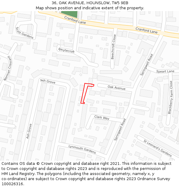 36, OAK AVENUE, HOUNSLOW, TW5 9EB: Location map and indicative extent of plot