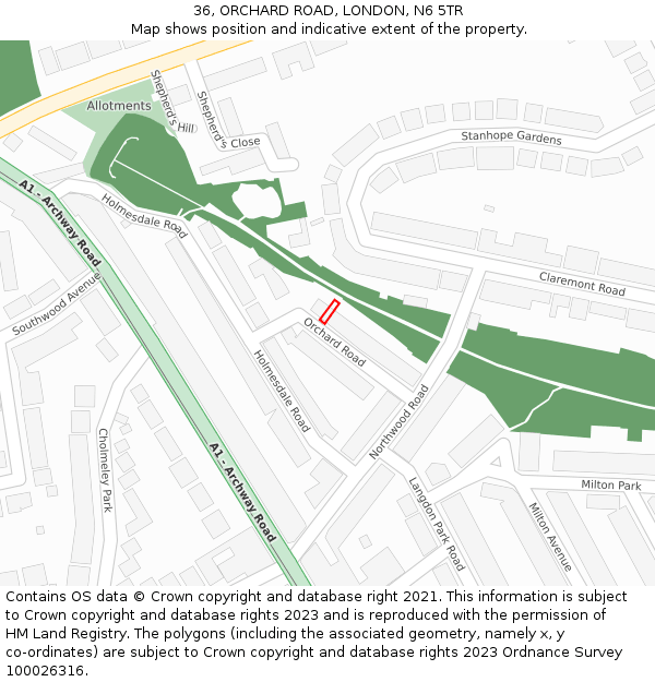 36, ORCHARD ROAD, LONDON, N6 5TR: Location map and indicative extent of plot