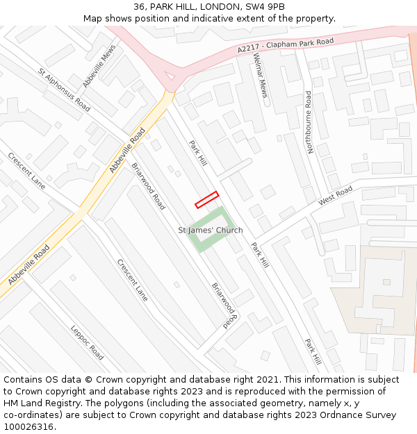 36, PARK HILL, LONDON, SW4 9PB: Location map and indicative extent of plot