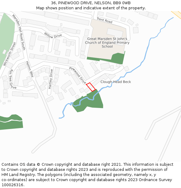 36, PINEWOOD DRIVE, NELSON, BB9 0WB: Location map and indicative extent of plot