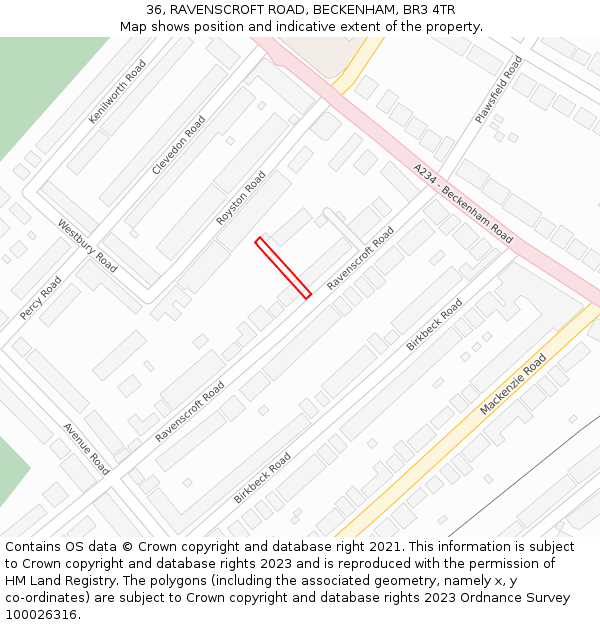 36, RAVENSCROFT ROAD, BECKENHAM, BR3 4TR: Location map and indicative extent of plot