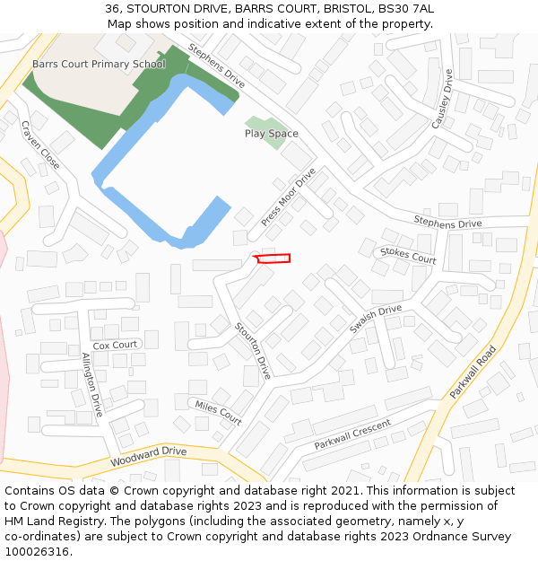 36, STOURTON DRIVE, BARRS COURT, BRISTOL, BS30 7AL: Location map and indicative extent of plot
