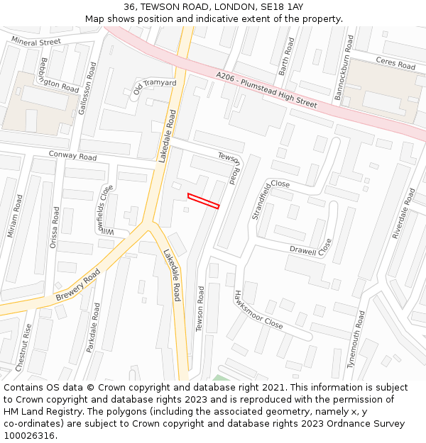36, TEWSON ROAD, LONDON, SE18 1AY: Location map and indicative extent of plot