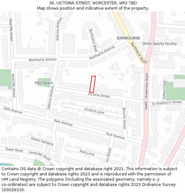 36, VICTORIA STREET, WORCESTER, WR3 7BD: Location map and indicative extent of plot