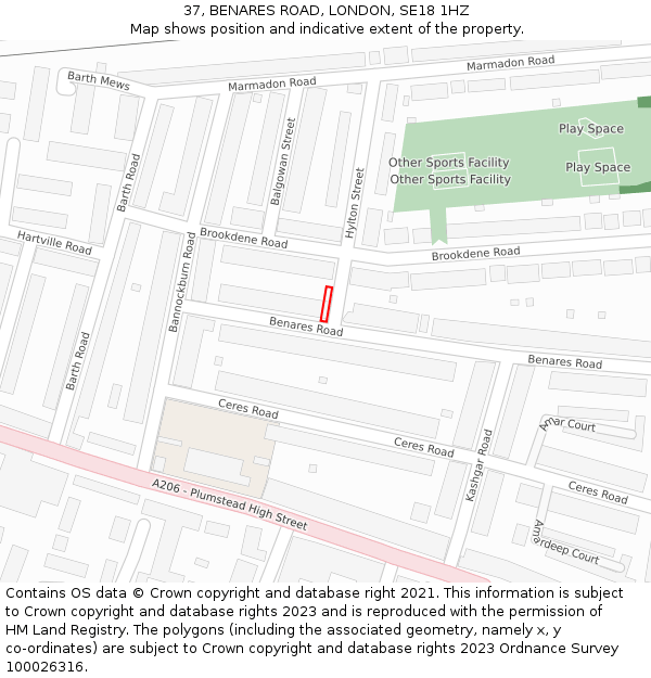 37, BENARES ROAD, LONDON, SE18 1HZ: Location map and indicative extent of plot