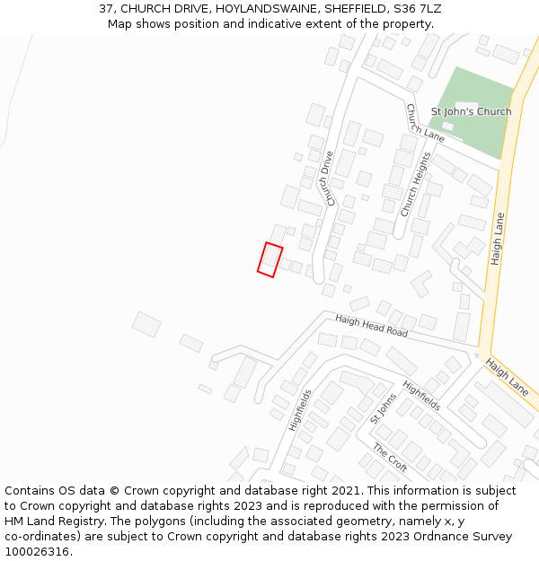 37, CHURCH DRIVE, HOYLANDSWAINE, SHEFFIELD, S36 7LZ: Location map and indicative extent of plot
