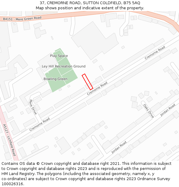 37, CREMORNE ROAD, SUTTON COLDFIELD, B75 5AQ: Location map and indicative extent of plot