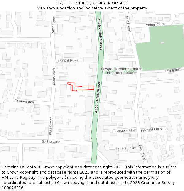 37, HIGH STREET, OLNEY, MK46 4EB: Location map and indicative extent of plot