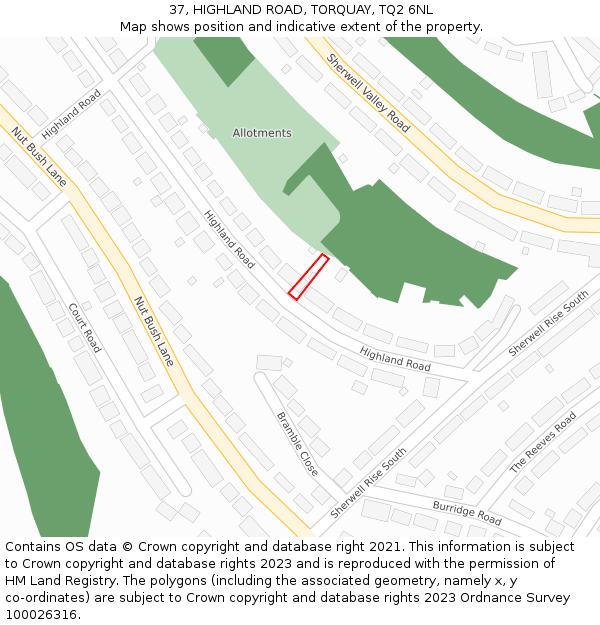 37, HIGHLAND ROAD, TORQUAY, TQ2 6NL: Location map and indicative extent of plot