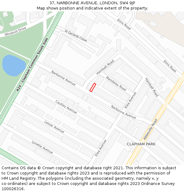 37, NARBONNE AVENUE, LONDON, SW4 9JP: Location map and indicative extent of plot