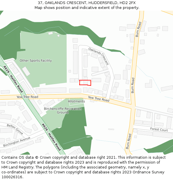 37, OAKLANDS CRESCENT, HUDDERSFIELD, HD2 2FX: Location map and indicative extent of plot