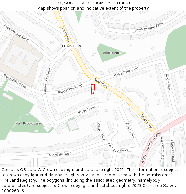 37, SOUTHOVER, BROMLEY, BR1 4RU: Location map and indicative extent of plot