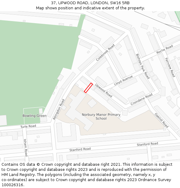 37, UPWOOD ROAD, LONDON, SW16 5RB: Location map and indicative extent of plot