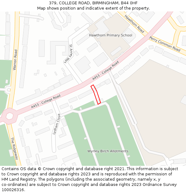 379, COLLEGE ROAD, BIRMINGHAM, B44 0HF: Location map and indicative extent of plot