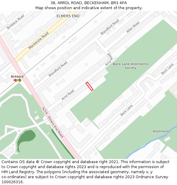 38, ARROL ROAD, BECKENHAM, BR3 4PA: Location map and indicative extent of plot