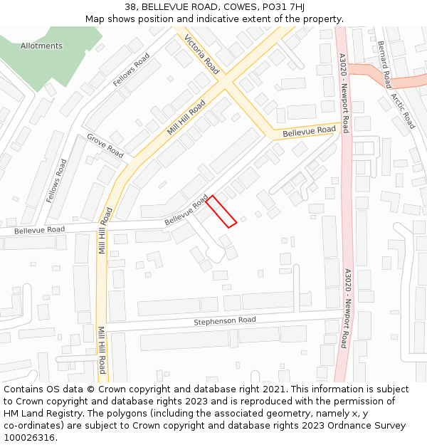 38, BELLEVUE ROAD, COWES, PO31 7HJ: Location map and indicative extent of plot