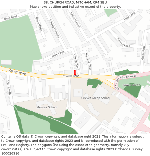 38, CHURCH ROAD, MITCHAM, CR4 3BU: Location map and indicative extent of plot