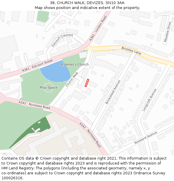 38, CHURCH WALK, DEVIZES, SN10 3AA: Location map and indicative extent of plot