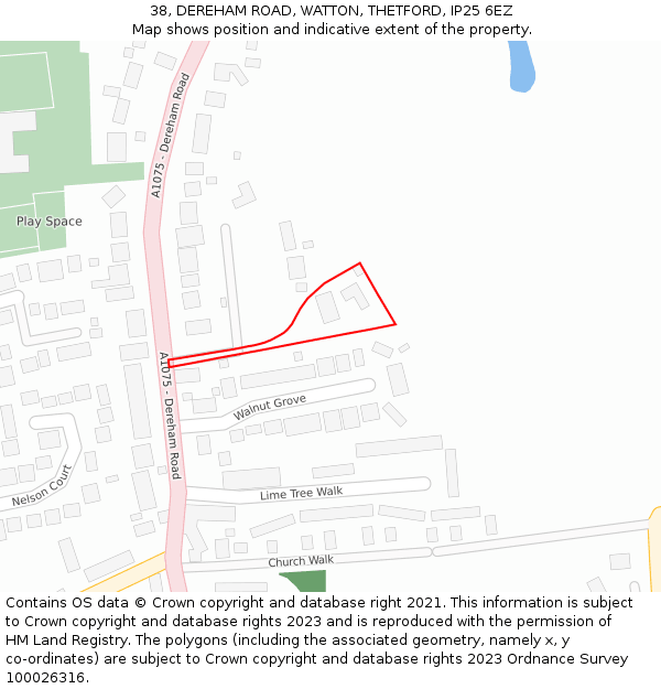 38, DEREHAM ROAD, WATTON, THETFORD, IP25 6EZ: Location map and indicative extent of plot