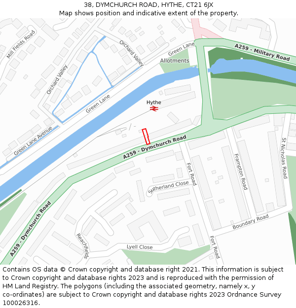 38, DYMCHURCH ROAD, HYTHE, CT21 6JX: Location map and indicative extent of plot