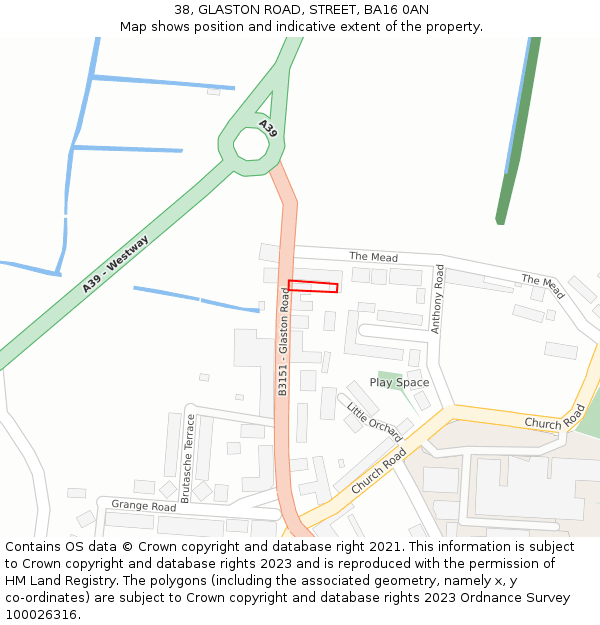 38, GLASTON ROAD, STREET, BA16 0AN: Location map and indicative extent of plot