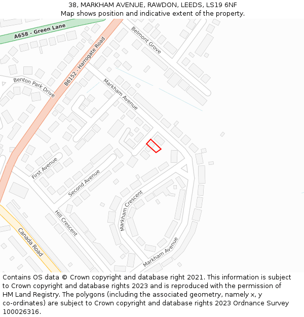 38, MARKHAM AVENUE, RAWDON, LEEDS, LS19 6NF: Location map and indicative extent of plot