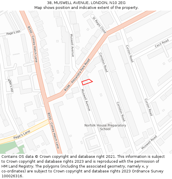 38, MUSWELL AVENUE, LONDON, N10 2EG: Location map and indicative extent of plot