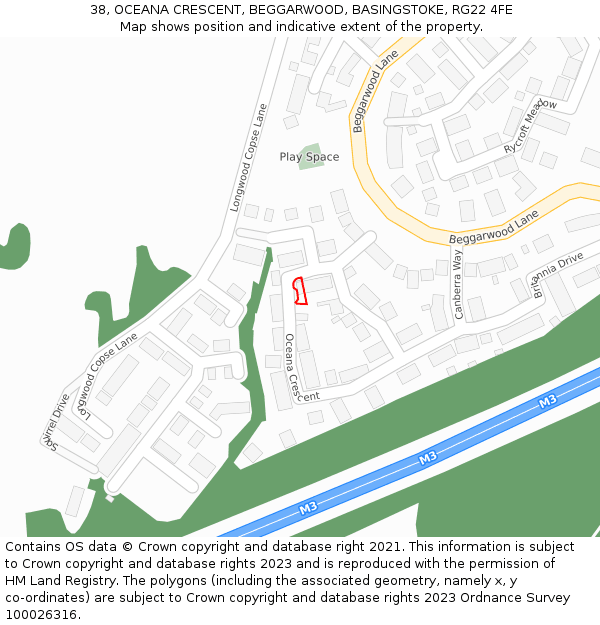 38, OCEANA CRESCENT, BEGGARWOOD, BASINGSTOKE, RG22 4FE: Location map and indicative extent of plot