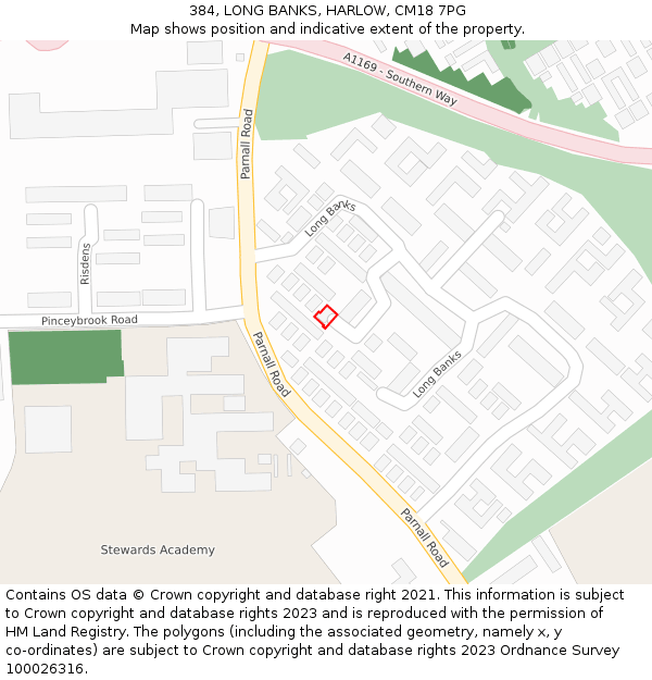 384, LONG BANKS, HARLOW, CM18 7PG: Location map and indicative extent of plot