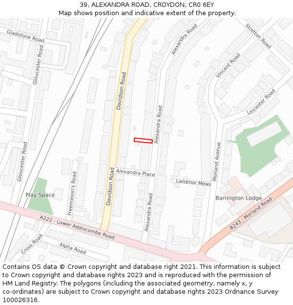 39, ALEXANDRA ROAD, CROYDON, CR0 6EY: Location map and indicative extent of plot