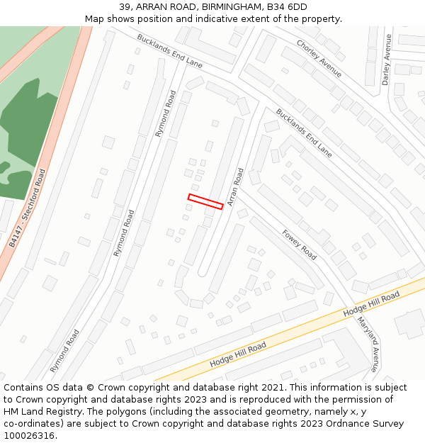 39, ARRAN ROAD, BIRMINGHAM, B34 6DD: Location map and indicative extent of plot