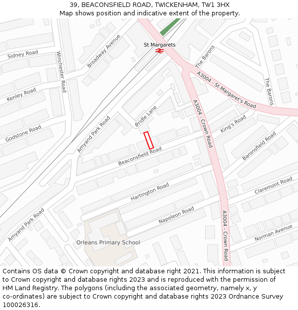 39, BEACONSFIELD ROAD, TWICKENHAM, TW1 3HX: Location map and indicative extent of plot